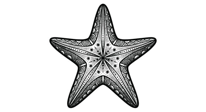 Detailed black and white tattoo illustration of a symmetrical starfish with intricate dotwork and geometric patterns, isolated on a clean white background for marine designs.