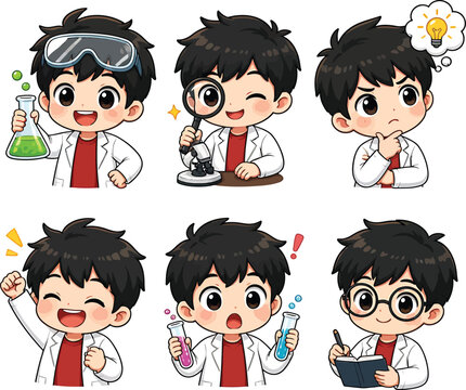 Cute boy scientist cartoon character set with laboratory equipment items
