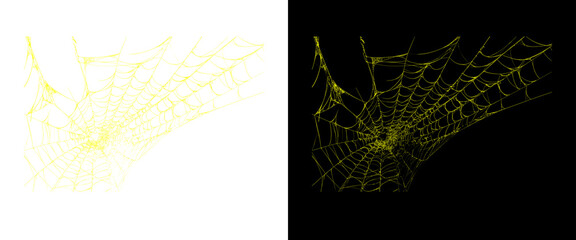 Golden spider web design elements, intricate yellow cobweb patterns on white and black backgrounds, decorative spiderweb graphics for Halloween © PNG Stock