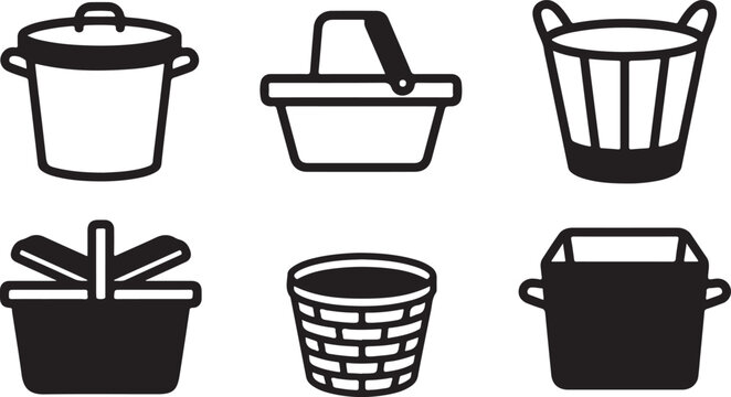 Six different style black and white baskets and buckets icon set Vector