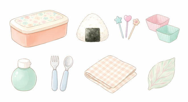 お弁当作りのお弁当グッズ アイコンセット 水彩 白背景