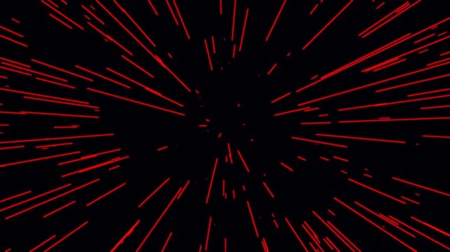 Cinematic warp speed travel visual on black background. Light speed streaks of tunnel fast moving. Hyper jump into another space flight through wormhole. Gradient energy lines moving from the middle.