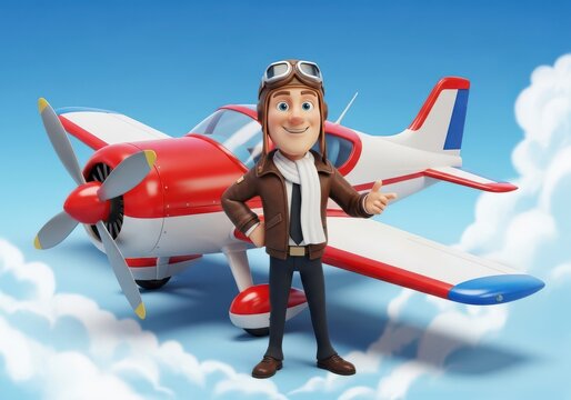 Cartoon aviator character with propeller plane 3D