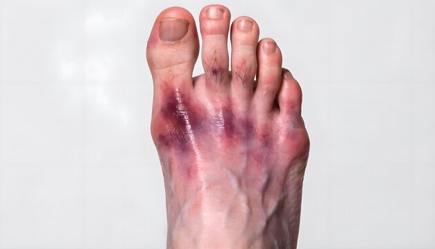 Lisfranc injury external appearance showing midfoot swelling and bruising pattern in dorsal view