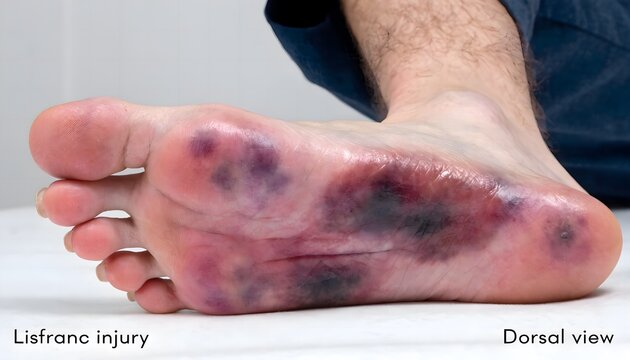 Lisfranc injury external appearance showing midfoot swelling and bruising pattern in dorsal view