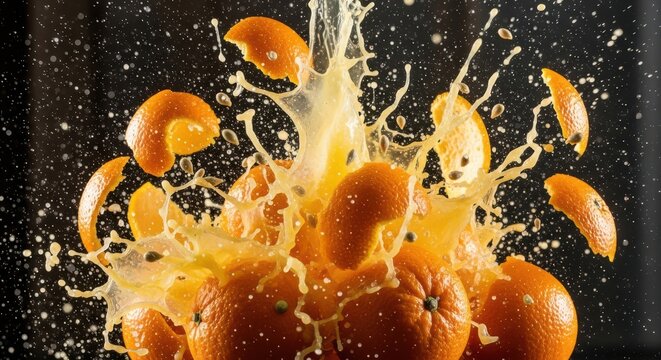 Fresh oranges exploding with splash of juice on black background