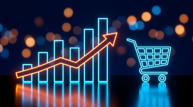 Neon Growth Chart with Shopping Cart Icon on Dark Bokeh Background