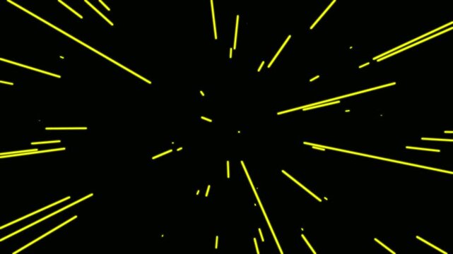Cinematic warp speed travel visual on black background. Light speed streaks of tunnel fast moving. Hyper jump into another space flight through wormhole. Gradient energy lines moving from the middle.