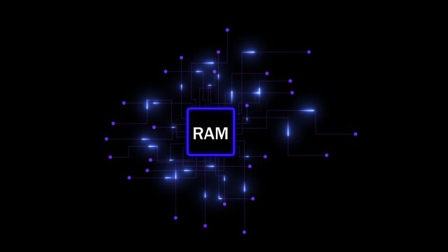 Futuristic ram computer memory chip concept with glowing digital circuitry lines and data transfer nodes in a high-tech abstract network environment for advanced computing and information technology