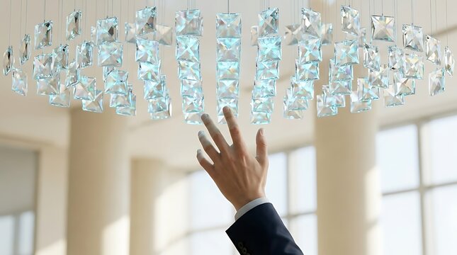 Business person hand reaching toward floating glass crystal chandelier sculpture arm suit jacket cufflink shirt fingers.