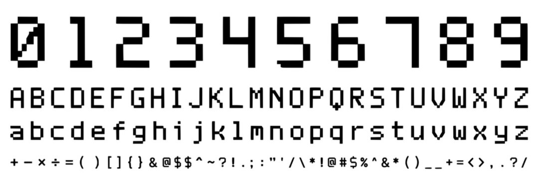 Digital Display of Alphanumeric Characters and Symbols in Pixelated Style Featuring Retro, Technology, Computer with Font