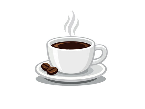 modern coffee cup vector illustration with rising steam and coffee beans. Minimal clean style using flat colors and simple shapes. Organized layers Cup, Handle, Coffee, Steam, Beans, Saucer, Shadow. T