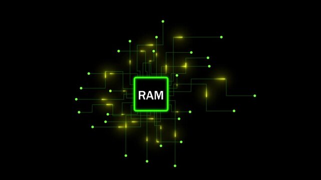 High-tech digital ram memory chip concept with glowing green circuitry lines and data flow connections isolated on a deep black background, for advanced computer, hardware and technology presentations