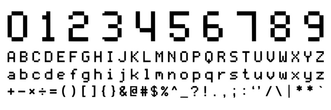 Digital Display of Alphanumeric Characters and Symbols in a Pixelated Font Featuring Typeface, Letters, Numbers with Special