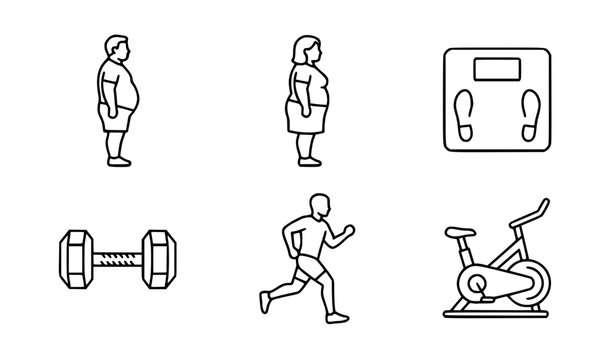 A clean black and white flat outline vector illustration featuring a 6-element healthy lifestyle and body weight icon set arranged in a balanced grid on a solid white background. Icons include an over