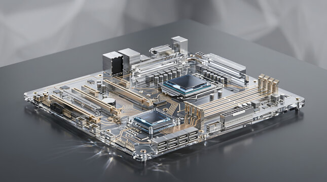 Futuristic transparent computer motherboard with dual processors and metallic components