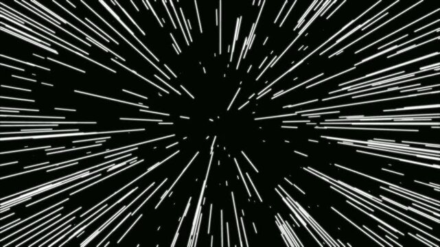 Cinematic warp speed travel visual on black background. Light speed streaks of tunnel fast moving. Hyper jump into another space flight through wormhole. Gradient energy lines moving from the middle.