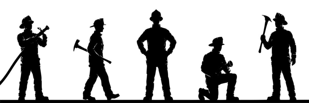 Firefighters in Various Poses with Tools and Equipment in Silhouette Style Featuring Firefighter, Firefighting, Rescue