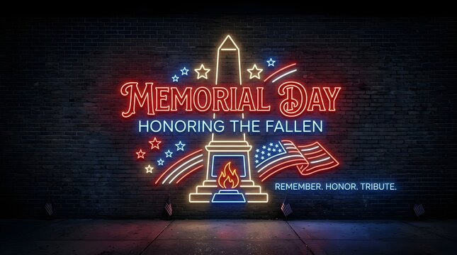 Bright neon memorial day sign displaying a glowing obelisk and american flag glowing against a dark textured brick wall background