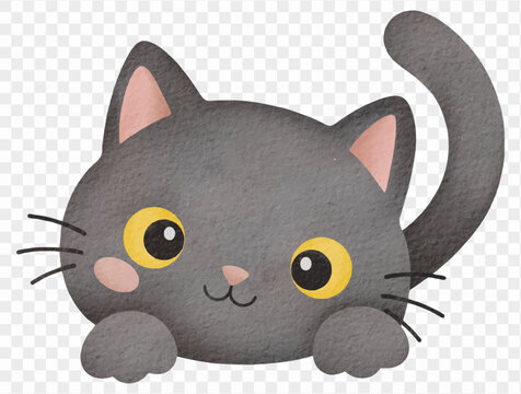 Watercolor cute black cat peeking Halloween illustration Vector.