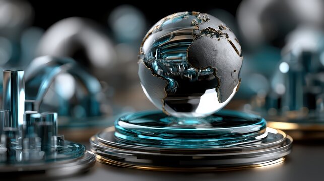 Light image. Globe in the center of a futuristic financial digital scene, on a glowing glass platform, surrounded by abstract 3D data charts, bar graphs, cyberpunk interface, volumetric lighting, phot