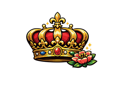 luxurious royal crown icon with elegant golden styling using flat vector shapes. Decorative gemstones and smooth symmetrical curves. Organized layers Crown Base, Jewels, Decorative Lines, Highlights, 