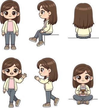 Cute cartoon young woman character posing in various everyday actions, vector set