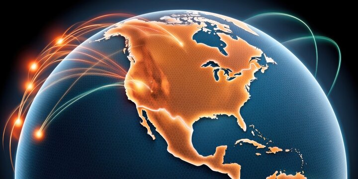 Digital globe showing North America with glowing network connections and global data links