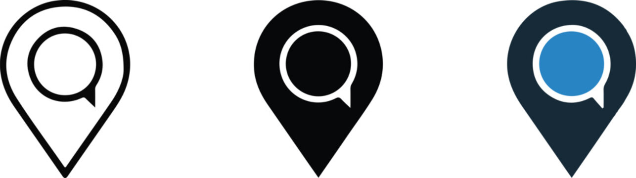 Map pin pointer icon set featuring speech bubble chat element inside.