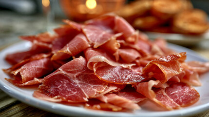 Obraz premium Thinly sliced dry cured serrano ham on white plate served for appetizers with prosciutto