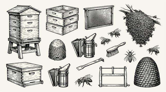 Vintage beekeeping equipment vector set, hand drawn honey bee farm tools, antique wood beehive and smoker illustrations for organic apiary branding