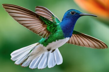 Fototapeta premium Blue and green hummingbird in flight with white tail feathers against soft green background
