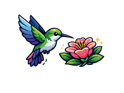 colorful hummingbird hovering beside a blooming flower in premium clean vector style. Elegant wing curves, balanced composition, flat colors, subtle details. Organized layers Bird Body, Wings, Tail, B