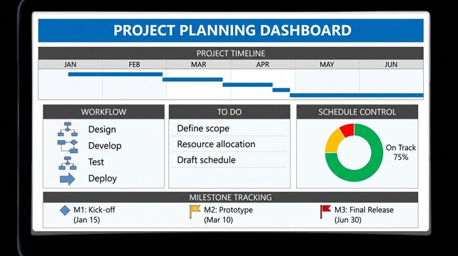 A project management dashboard Project planning workflow timeline to do, representing schedule control, milestone tracking, the project timeline