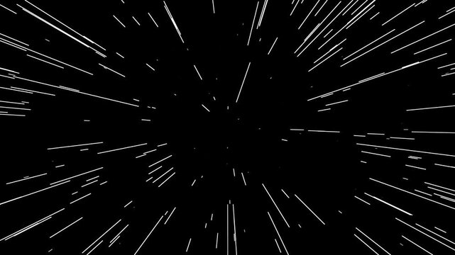 Cinematic warp speed travel visual on black background. Light speed streaks of tunnel fast moving. Hyper jump into another space flight through wormhole. Gradient energy lines moving from the middle.