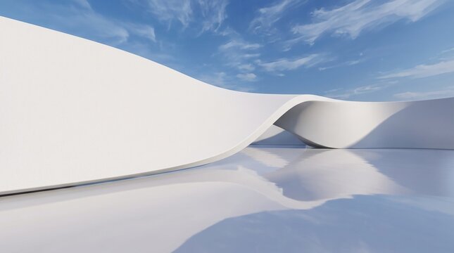 Abstract 3D render of white curved architectural wall on reflective floor with blue sky background. Minimalist futuristic outdoor space