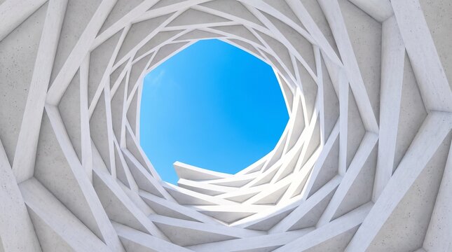 Modern abstract white geometric spiral tunnel interior structure against clear blue sky, 3D rendering