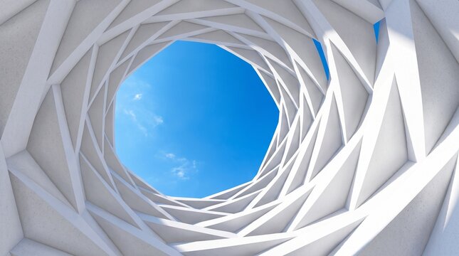 Modern abstract white geometric spiral tunnel interior structure against clear blue sky, 3D rendering