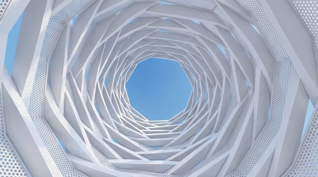 Modern abstract white geometric spiral tunnel interior structure against clear blue sky, 3D rendering