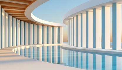 Obraz premium Minimalist 3D rendering of curved white colonnade and reflective pool at soft sunset light
