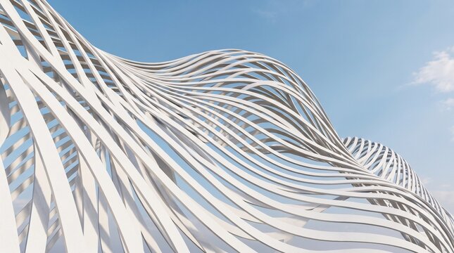 Abstract 3D render of white curved parametric lines forming a wavy architectural structure against a blue sky. Minimalist modern design