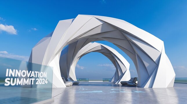 Abstract white geometric spiral pavilion structure against bright sky. Modern minimalist 3D rendering background for technology, business, and exhibition design