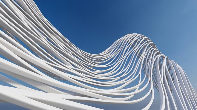 Abstract 3D render of white curved parametric lines forming a wavy architectural structure against a blue sky. Minimalist modern design