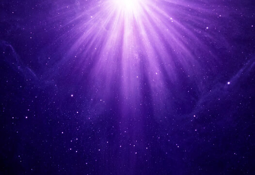 Abstract purple space background with bright light rays and sparkling stars, cosmic nebula backdrop with glowing light effect and stardust particles