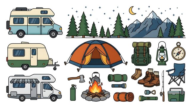 Set of camping equipment icons with recreational vehicles, tents, and outdoor adventure gear in flat cartoon style