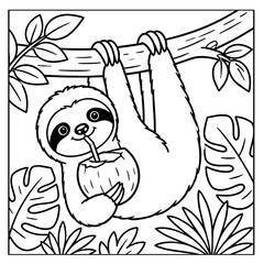 Fototapeta premium Cute Sloth Hanging on Tree Branch Drinking Coconut Water in Tropical Jungle