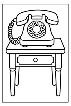 Vintage Rotary Dial Telephone Sitting on a Small Wooden Table, Black and White Outline