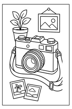 Vintage Camera with Potted Plant and Framed Photos, Line Art Illustration