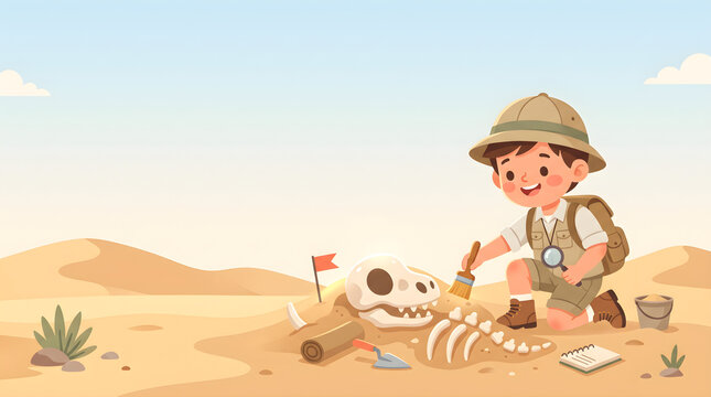 Little Paleontologist Uncovering Dinosaur Bones In Desert Vector Illustration