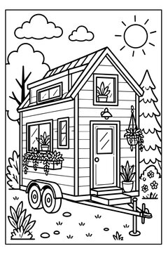 Tiny House on Wheels with Plants and Flowers in Sunny Outdoor Setting